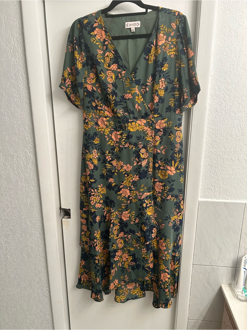 Nanette Lenore Olive Green Floral Wrap Midi Dress with Pink and Yellow Blooms